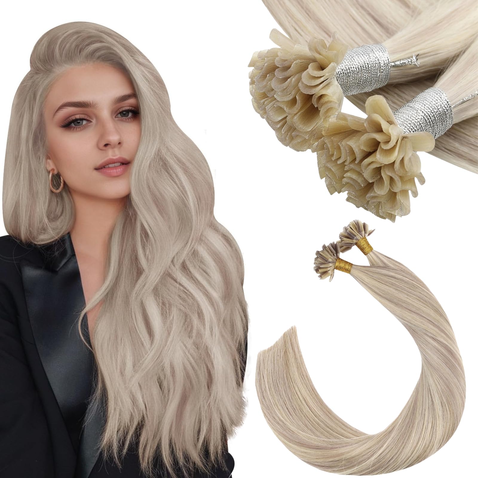 Ugeat 22 Inch Keratin Hair Extensions Real Human Hair Ash Blonde U Tip Hair Extensions Human Hair Highlights Ash Blonde with Bleach Blonde for Women Add Length 50S 50G