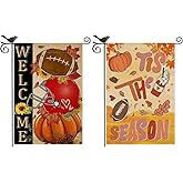 2 PCS Fall Garden Flag 12x18 Inch Double Sided Outside, Welcome Autumn Football Pumpkin Seasonal Yard Outdoor Decor Flag