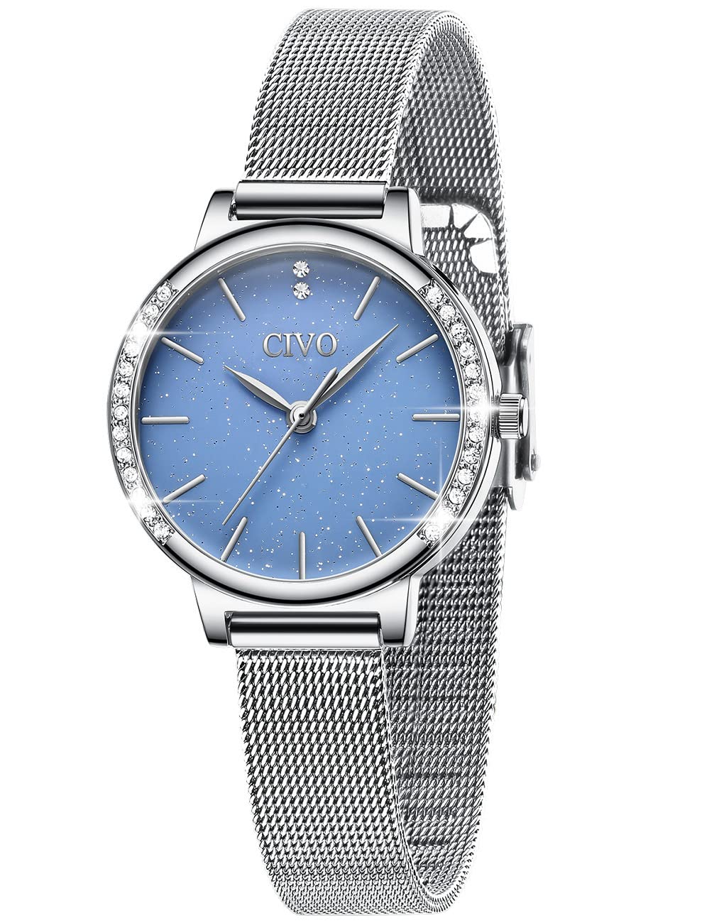 CIVO Women Watches Ladies, Stainless Steel Waterproof Mesh Blue Starry Sky Silver Wrist Watch Dress Elegant Casual Designer Analogue Quartz Watches for Woman Girls