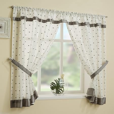Grey Silver Square Pattern Kitchen Bathroom Window Curtain Net Set