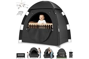 YOUNG MINDS YoungMinds Blackout Baby Crib Tent - Waterproof Sleep Pod Fits for Travel Pack and Play, Milk Silk Fabric, Kids Black Out Cover Mosquito Net Tent with Toy Holder, Pack N Play Canopy Blocks 100% Light