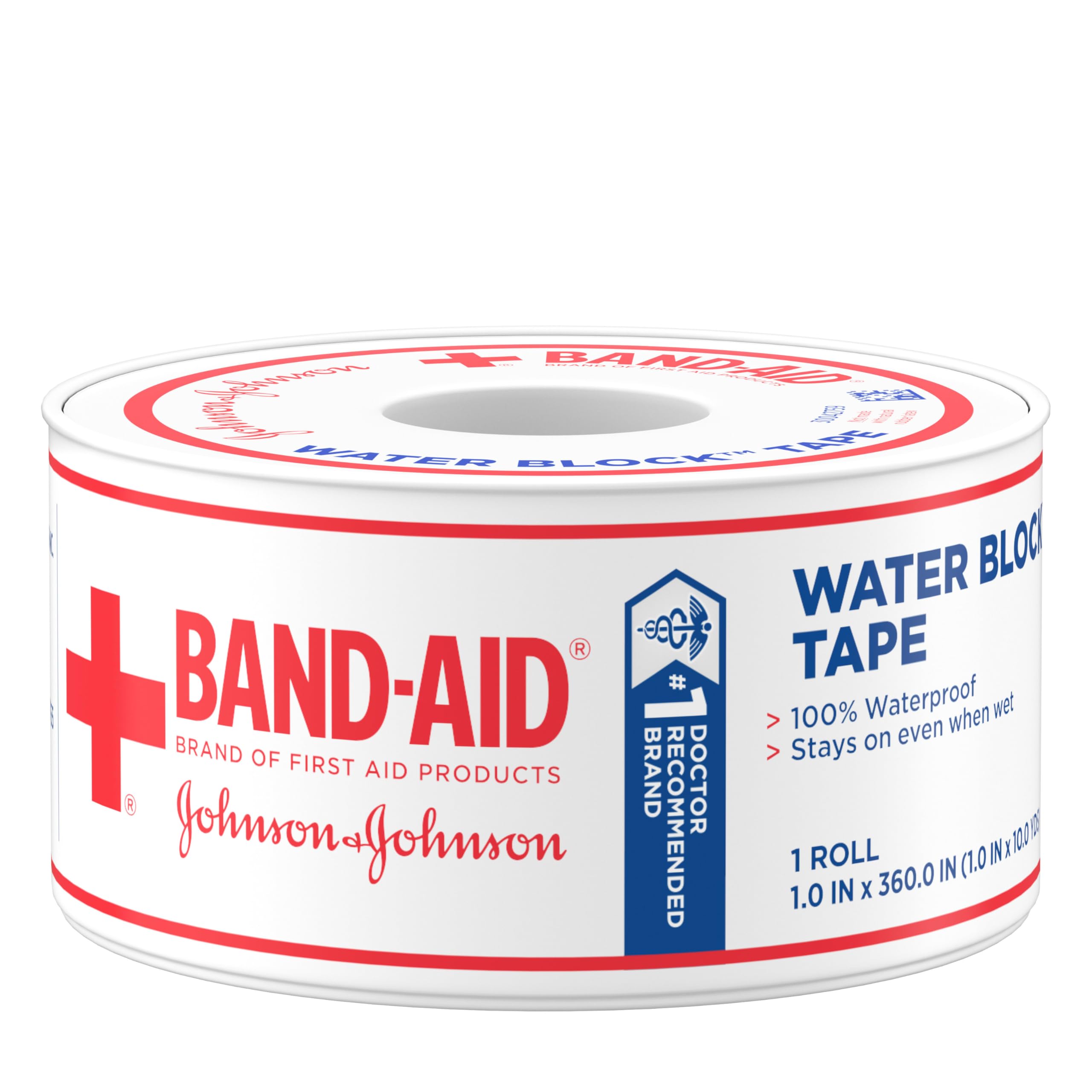 Band-Aid Brand First Aid Water Block 100% Waterproof Self-Adhesive Tape Roll for Durable Wound Care to Firmly Secure Bandages, 1 in by 10 yd