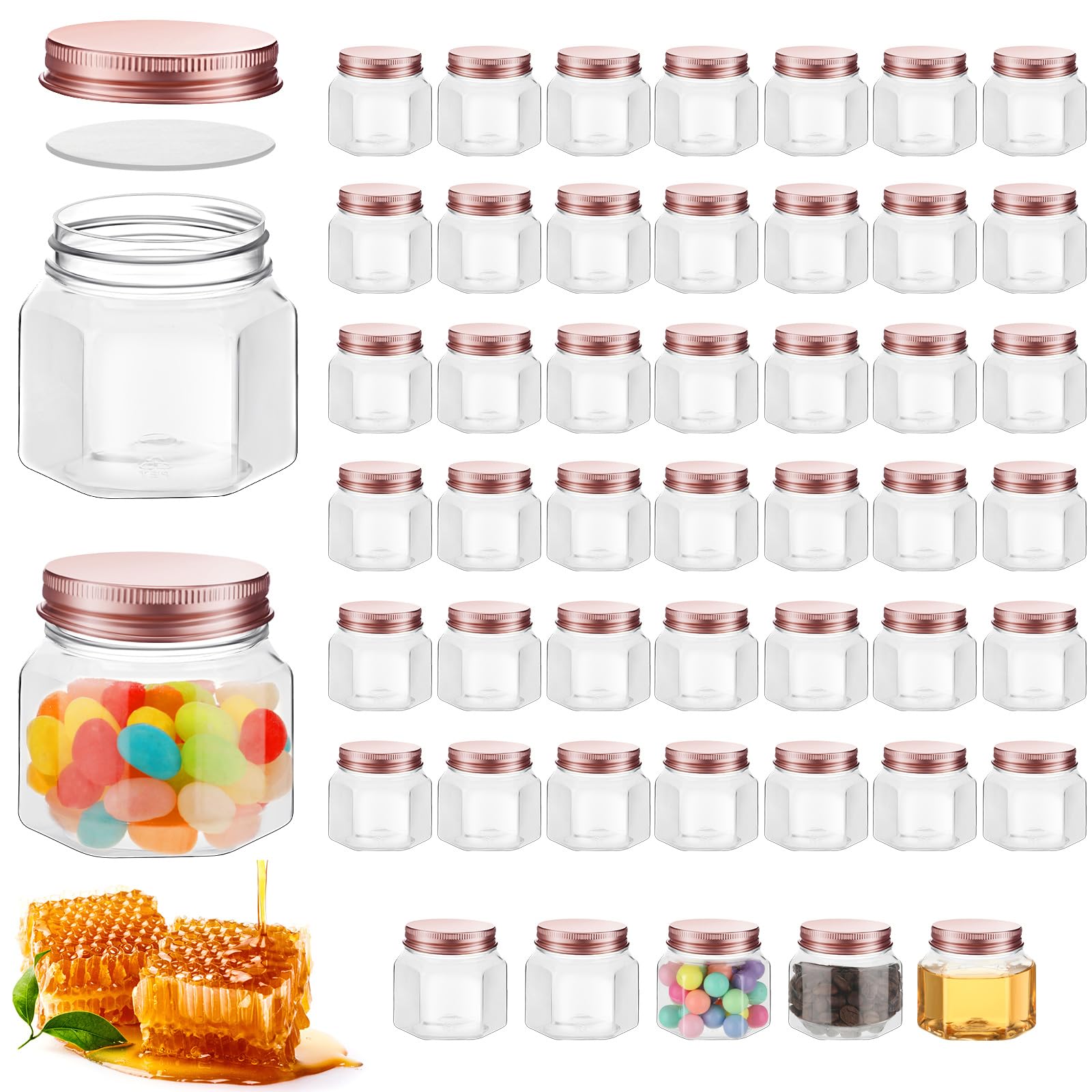 Photo 1 of Dandat 50 Pcs 3 oz Hexagon Plastic Jars with Lids Mini Small Wide Mouth Honey Jars for Party Wedding Favors, Baby Shower, DIY Gift, Spice, Jelly, Herb, Jams, Candy(Rose Gold)