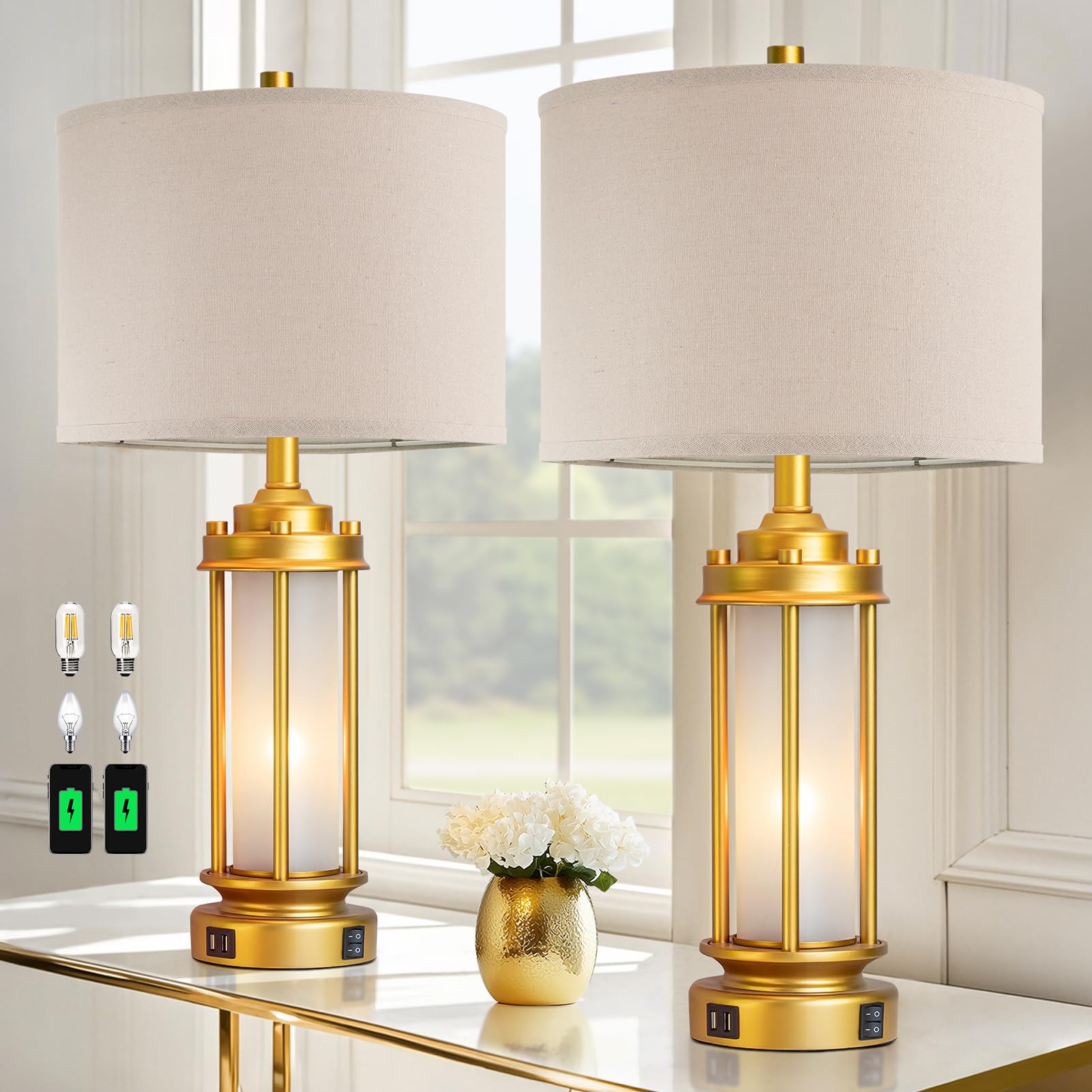 Photo 1 of ***MANUFACTURE DEFECT (ASSEMBLES CROOKED)*** AIEAMPDO Set of 2 Modern Table Lamps for Living Room, Farmhouse Vintage Bedside Lamp with 2 USB Ports Glass Nightlight, Gold Nightstand Desk Lamps for Entryway Bedroom Dresser, 4 Bulbs Included