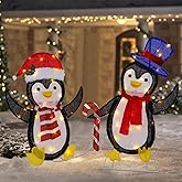 WATERGLIDE Set of 2 Lighted Christmas Tinsel Penguins, Pre-Lit 2D Stacked Penguin with Incandescent Lights, Light Up & Plug in for Indoor Outdoor Festive Xmas Holiday Garden Yard Lawn Decor