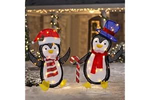 WATERGLIDE Set of 2 Lighted Christmas Tinsel Penguins, Pre-Lit 2D Stacked Penguin with Incandescent Lights, Light Up & Plug in for Indoor Outdoor Festive Xmas Holiday Garden Yard Lawn Decor