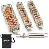 Braize Large Kabob Grilling Basket with Removable Handle. Stainless Steel construction with a Larger Capacity (12 x 2 x 2) and secure easy latch lid. (3-Piece Set &ndash; Bag Included)