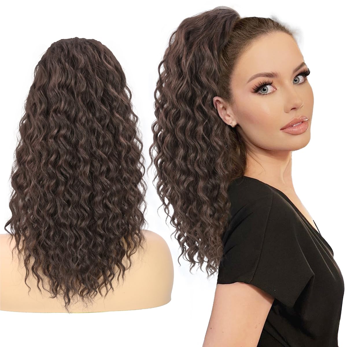 Allyreetress Afro Curly Ponytail Extension, Long Wavy Curly Drawstring Ponytail for Black Women Long Multi Layered Hair FluffyThick Ponytail Natural Soft Synthetic Hairpiece for Daily Use(Dark Brown)