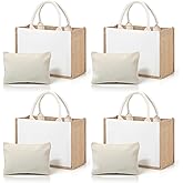 4 Set Burlap Tote Bag, Jute Tote Bag with Canvas Makeup Pouch Burlap Gift Bags with Handles Reusable DIY Craft Blank Gift Bages Blank Canvas Grocery Bags for Bridesmaid, Shopping, Pool, Wedding