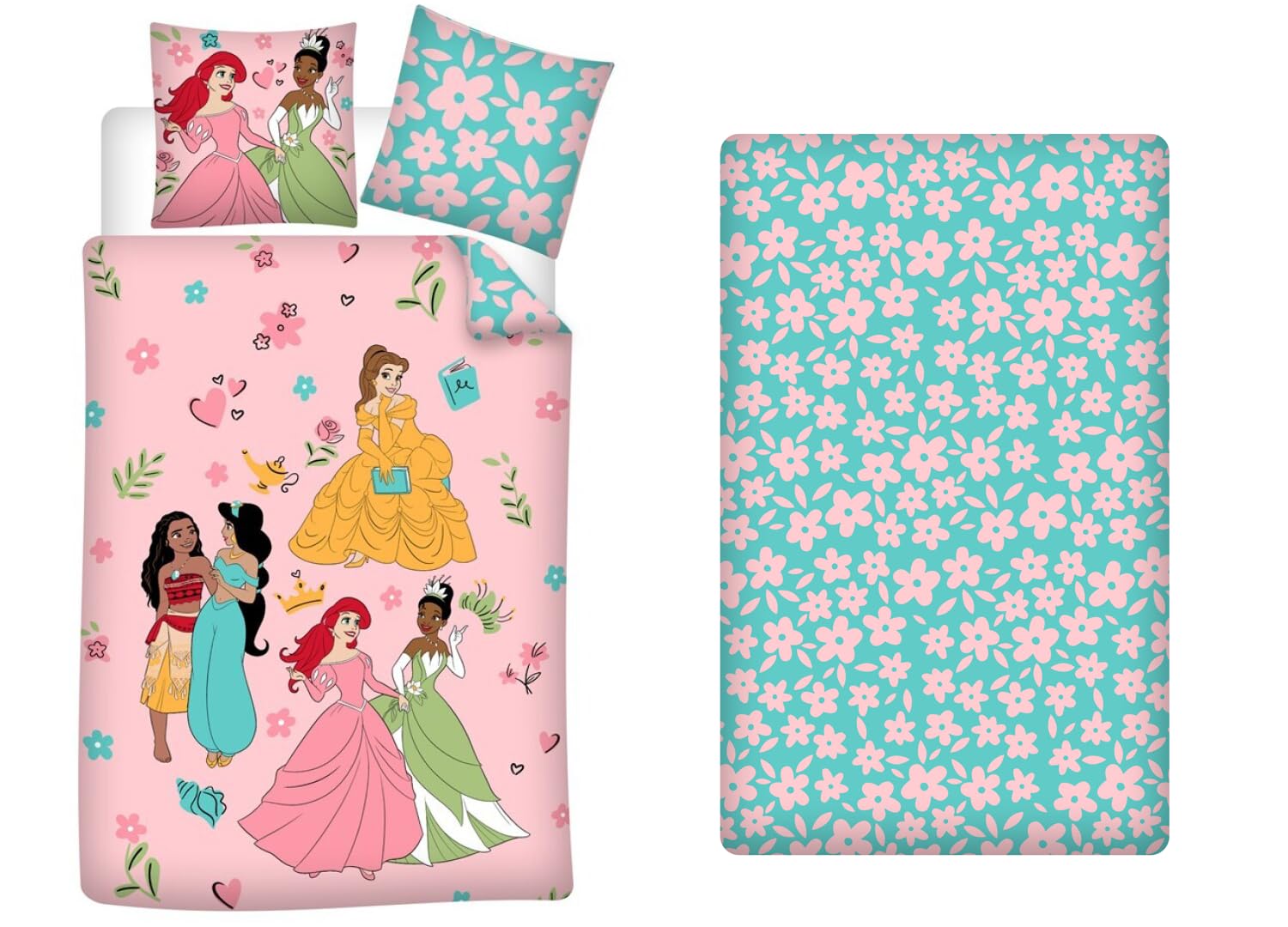 Disney Princesses 3 Piece Bedding Set, 100% Cotton, Duvet Cover 140 x 200 cm, Pillowcase 65 x 65 cm + Fitted Sheet 90 x 190 cm