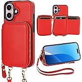 Bocasal RFID Blocking Wallet Case for iPhone 16, Adjustable Crossbody Zipper Purse Case Card Holder with Kickstand Detachable Wrist Strap, PU Leather Flip Folio Case 6.1 Inch 5G (Red)