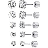 Tornito 5 Pairs 20G Titanium Threadless Flat Back Earrings Push-in Round Cubic Zirconia Earrings Studs Set Cartilage Earring Tragus Helix Piercing Jewelry For Men Women 2-6mm Silver Tone