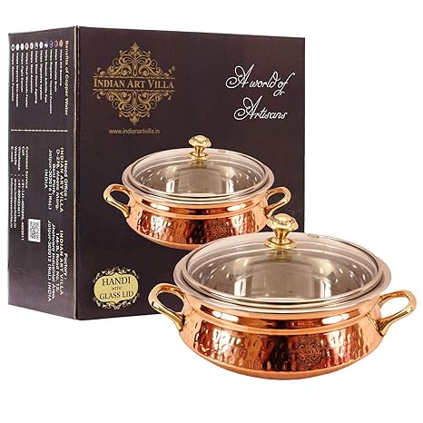 Indian Art Villa Steel Copper Handi Bowl with Glass Lid, Serveware & Tableware, 700 ML