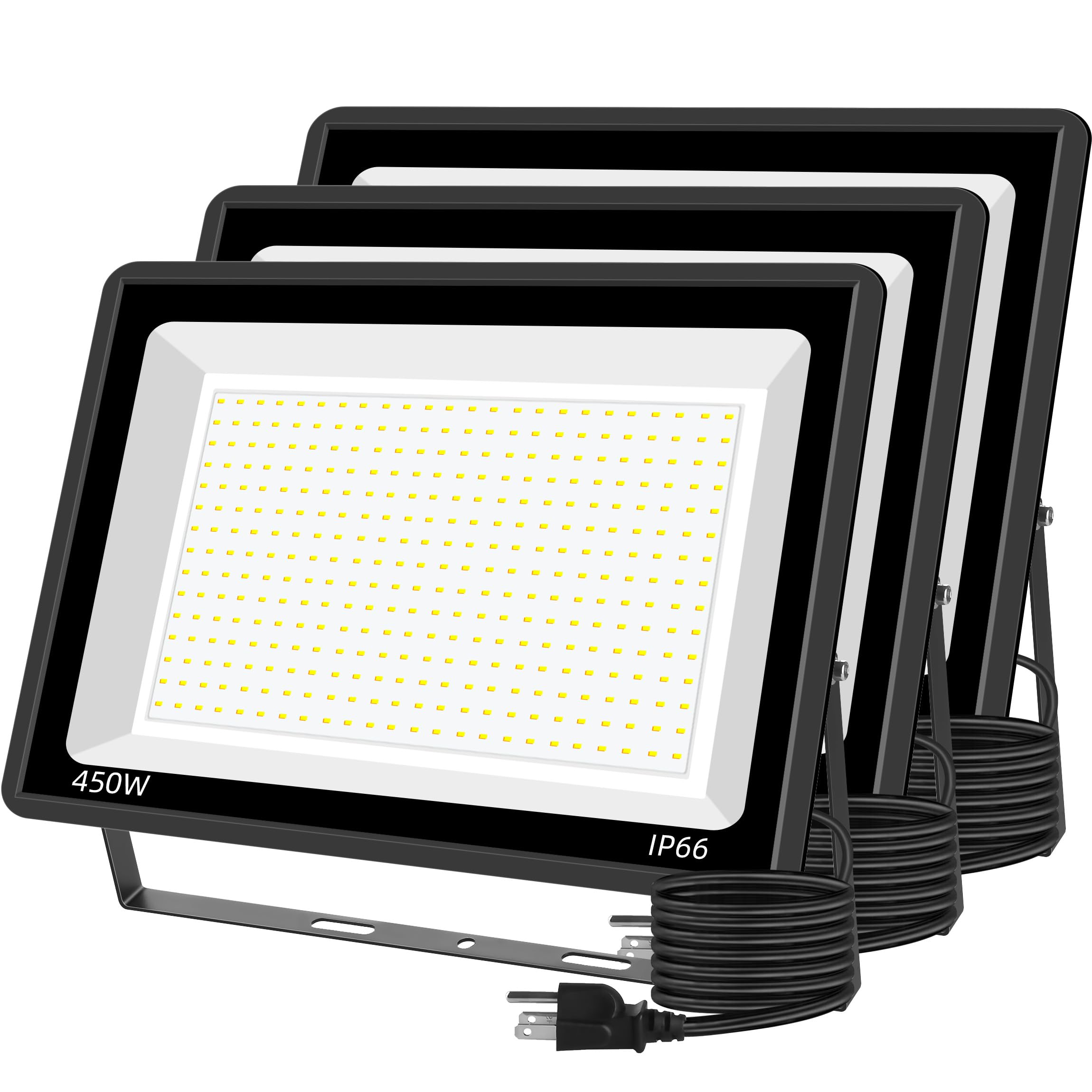 Photo 1 of ****** ONLY 2 ****** 450W LED Flood Lights Outdoor with Plug, Ultra Bright Security Lights, IP66 Waterproof Exterior Floodlight, 5000K Daylight White Flood Light for Stadium, Parking Lot, Construction Site (3 Pack)