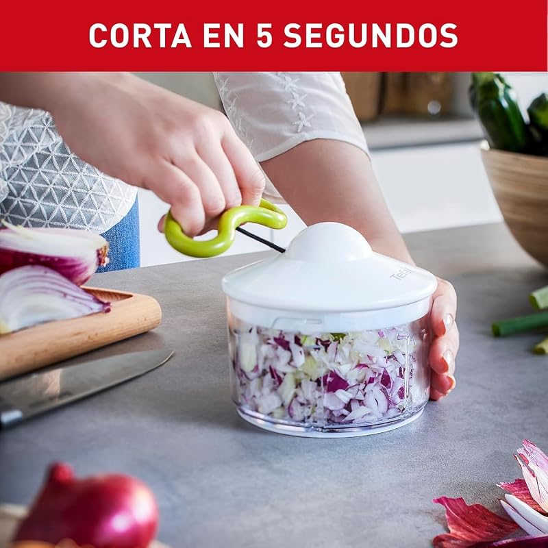 Picador manual tefal fresh kitchen 5 segundos k13304, corte grosso, médio e fino, duas facas independentes e patenteadas, sem eletricidade, base antiderrapante, cor branca e verde, 500 ml + 2 lâminas