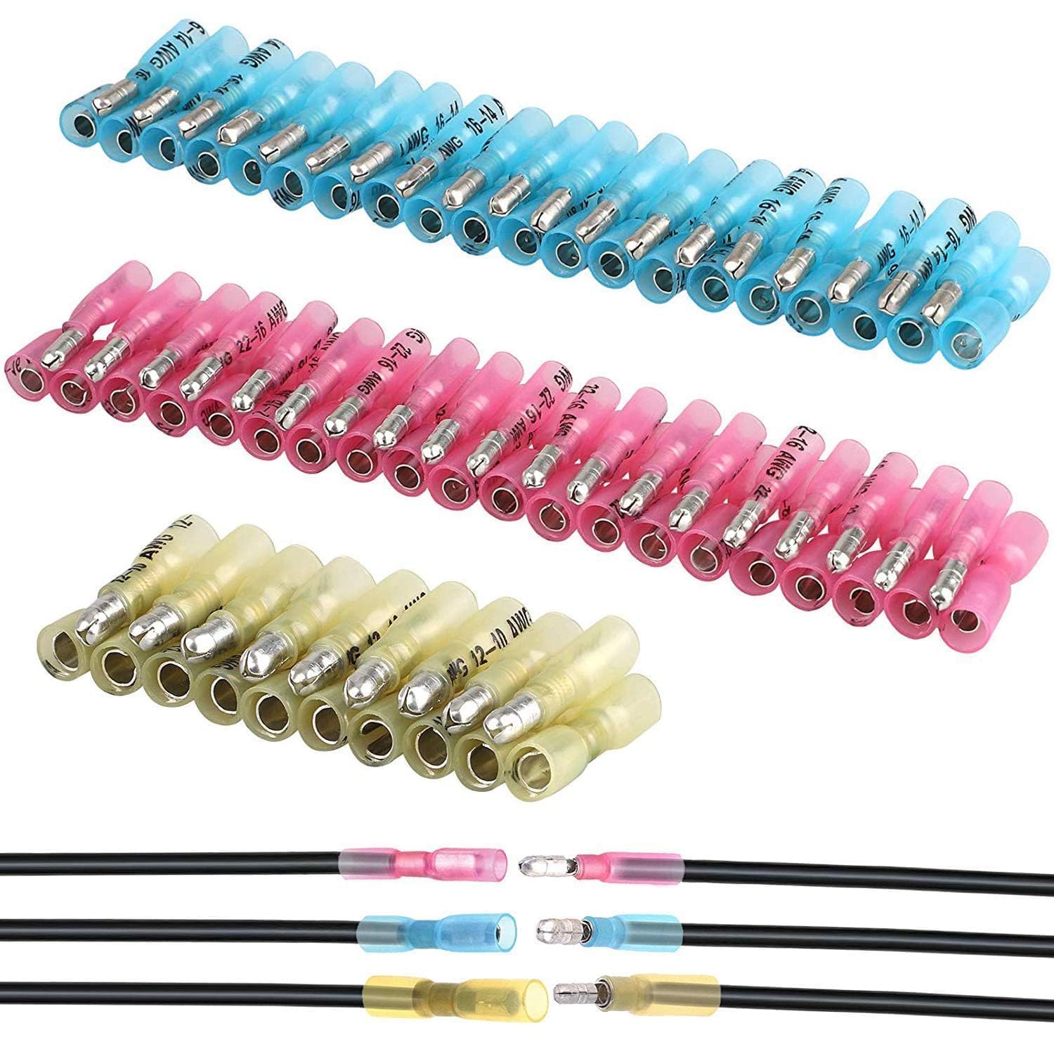 EEEkit 100pcs Heat Shrink Bullet Connectors, Female & Male Bullet Butt Crimp Terminals Assortment Kit, Waterproof Insulated Marine Automotive Electrical Crimp Connectors (12-10AWG,14-16AWG,18-22AWG)