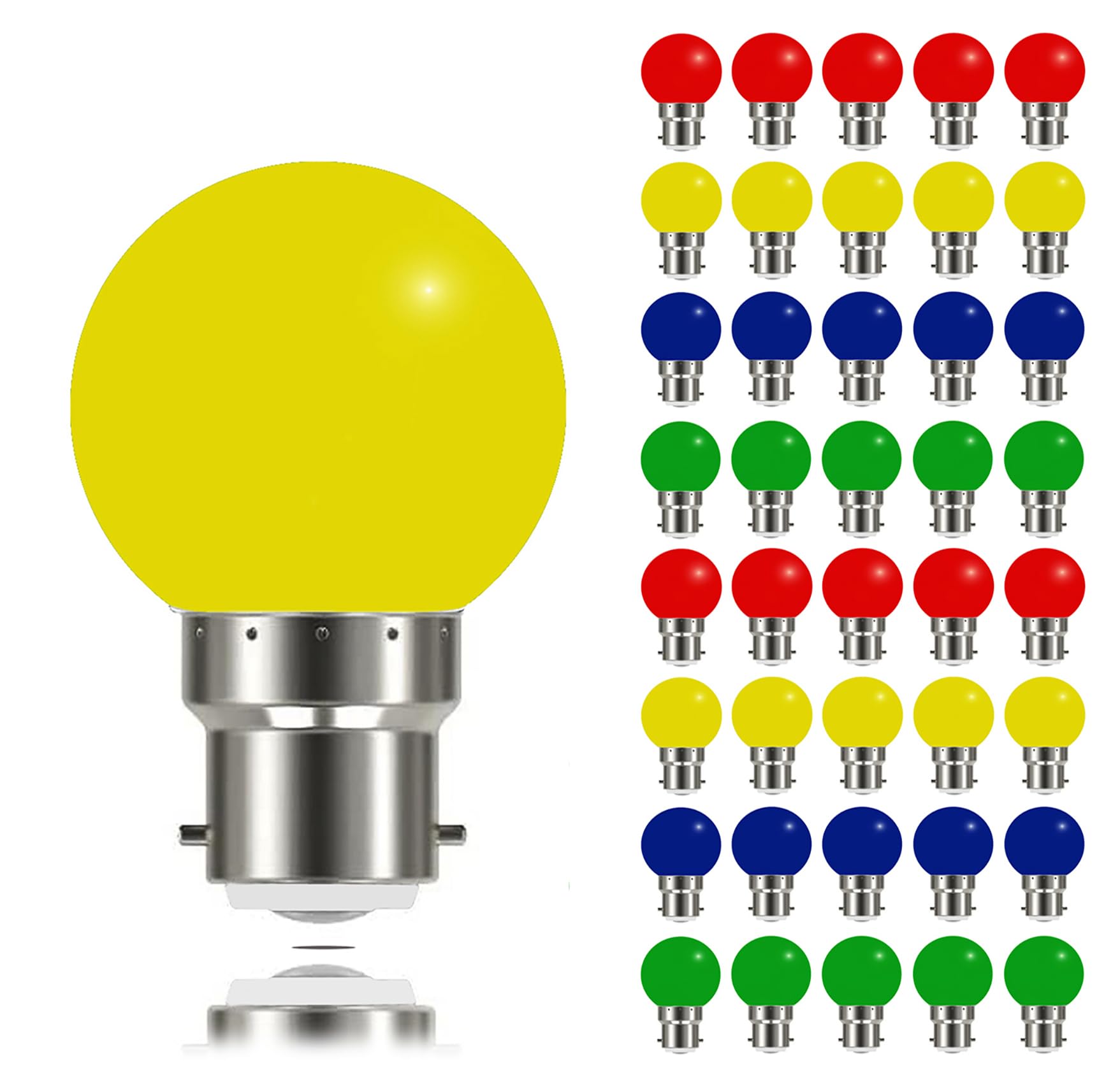 MAYCOLOR 40 Pack Coloured Light Bulbs Bayonet B22 3W, Not dimmable, Garden Light Bulb, Multicoloured Bulb for Outdoor Indoor String Wedding Party Bar Mood Ambiance Decor (Red Yellow Blue Green)