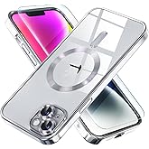 Misea Magnetic for iPhone 14 Case Compatible with MagSafe [Never Yellowing] [Military Grade Drop Protection] Full Camera Lens Protector Plating Soft Clear Phone Case for Women Girls, Silver