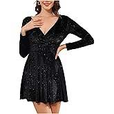 Darupo Women’s Sequin Velvet Fit and Flare Mini Wrap V Neck Dress Long Sleeve Party Club A Line Skater Dress