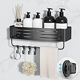 Onemake Suction Cup Shower Caddy, Shower Shelf, Bathroom Organizer, Black | No-drill Rustproof Aluminum Removable Caddy with Hooks, Wall Mounted Shower Organizer, Corner Shampoo Holder for Bathroom