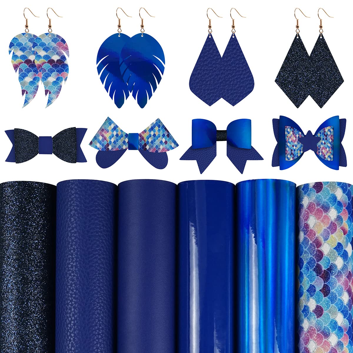 6 Pieces 8x12 Inch(20x30cm) Faux Leather Sheets Mixed Royal Blue Series Fine Glitter Litchi Patent Holographic Mermaid Scale Faux Leather Fabric for Leather Bows and Earrings Making