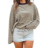 ABYOVRT Women Striped Long Sleeve Shirt Crewneck Cropped Pullover Top Fall Winter Vintage Sweatshirt Streetwear