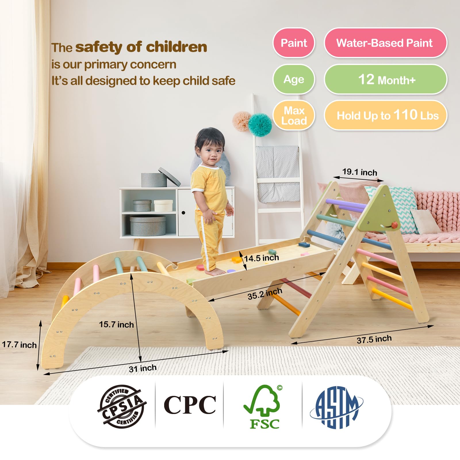 LOL-FUN Pikler Triangle Set Montessori Toddler Climbing Toys Indoor, Foldable Climbing Toys for 1 Year Old, 3 Piece Baby Climbing Gym Indoor Playground