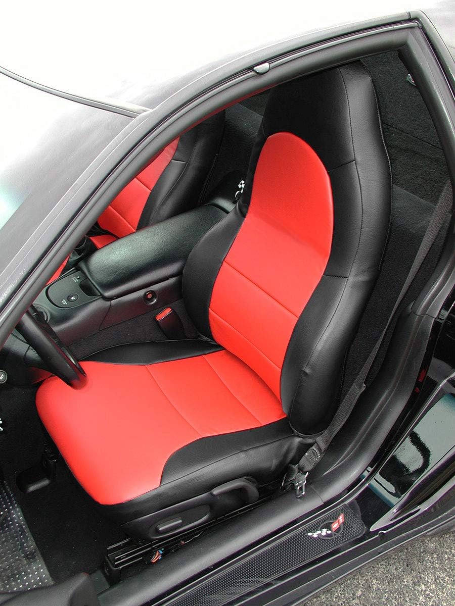 Iggee Artificial Leather Custom Made Original fit Front Seat Covers Designed for 1997-2004 Chevy Corvette C5 (Black/Red)