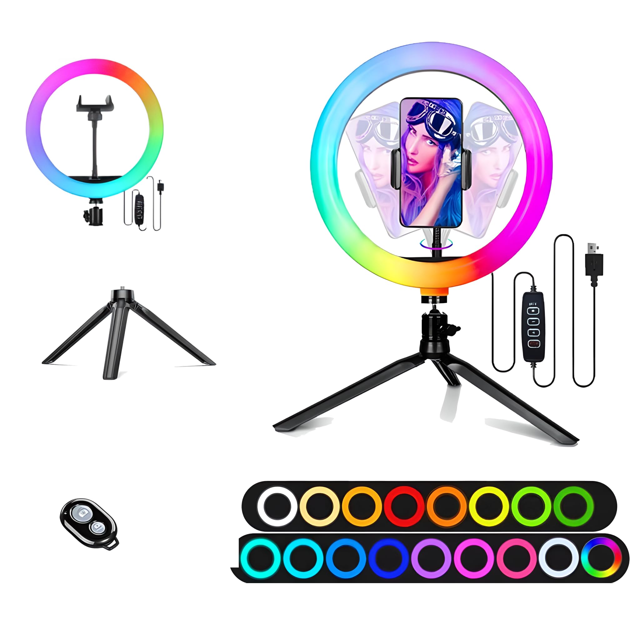 TRIPODTREE 10" Selfie Ring Light with 4" Desktop Tripod Stand & 1 Phone Holder, LED Ringlight with Dimmable Modes(RGB) for Makeup/Photography/Videos/Vlog/TikTok (STDLR10-V2)