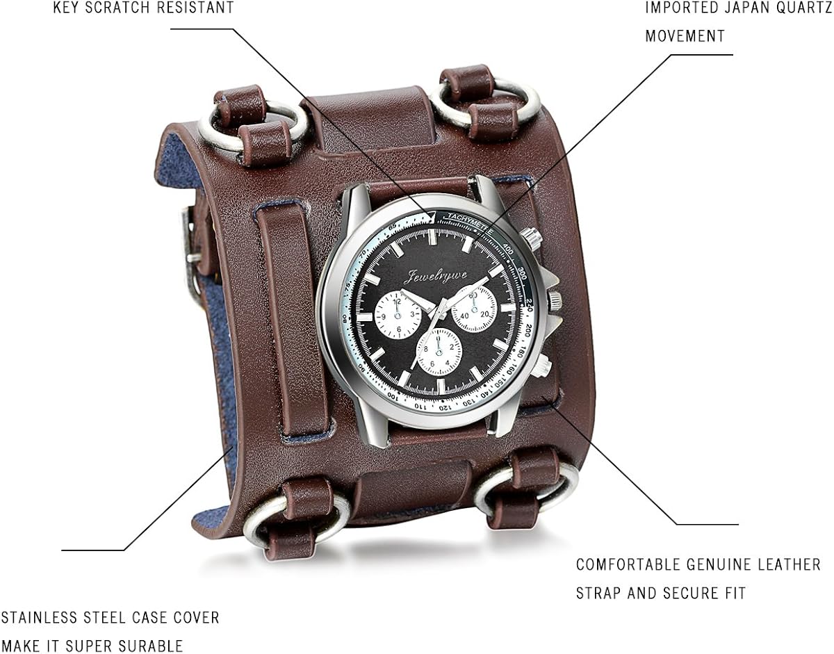 JewelryWe Hip-hop Gothic Leathernk Style Mens Wrist Watch 74MM Wide Brown Leather Cuff Watches, Fathers Day Present - Image 4