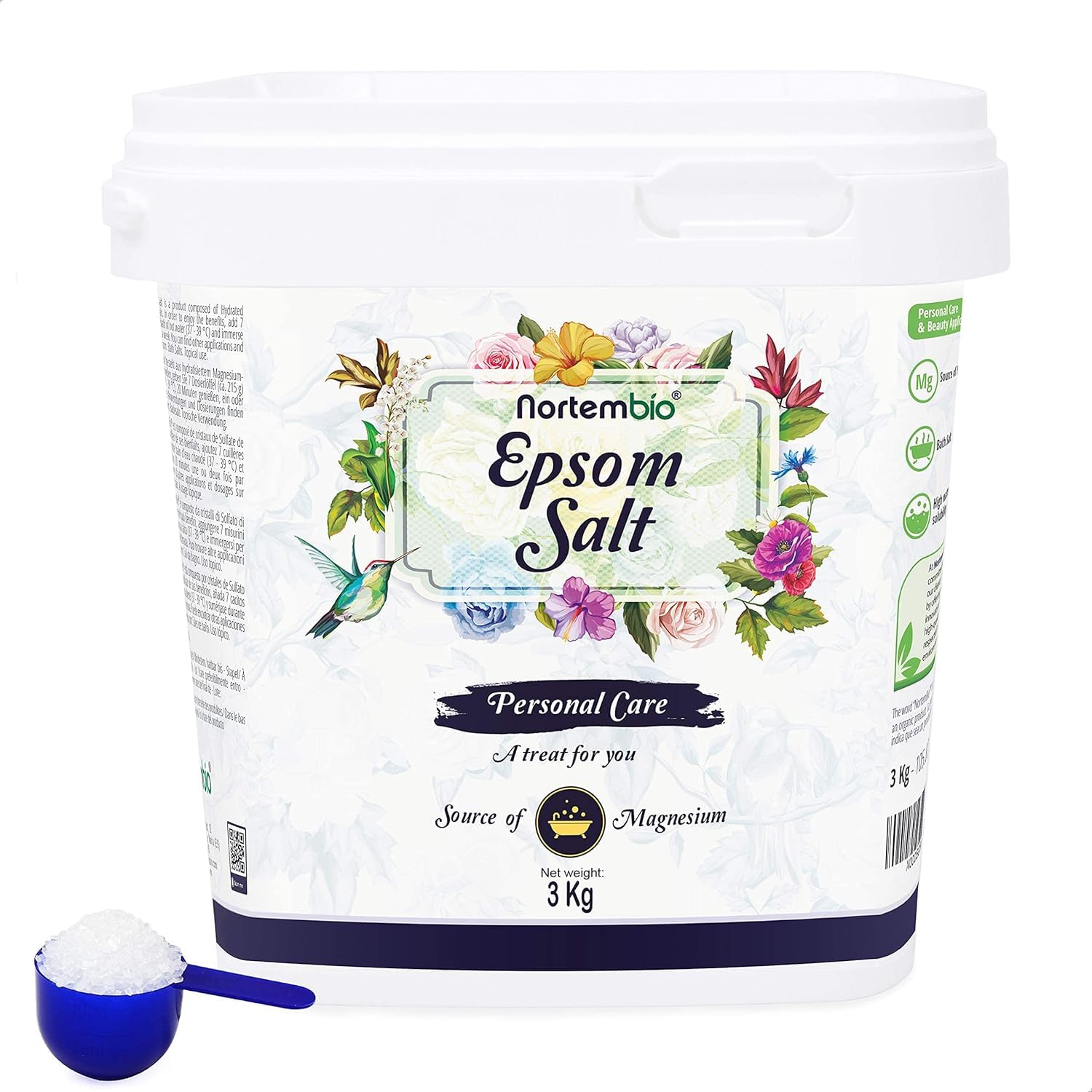 Nortembio 100% Pure Epsom Salt 3 kg – Concentrated Source of Magnesium | for Sensitive Skin | with Hydrating Vitamins C & E | No Additives, Natural External Use + Free E-Book