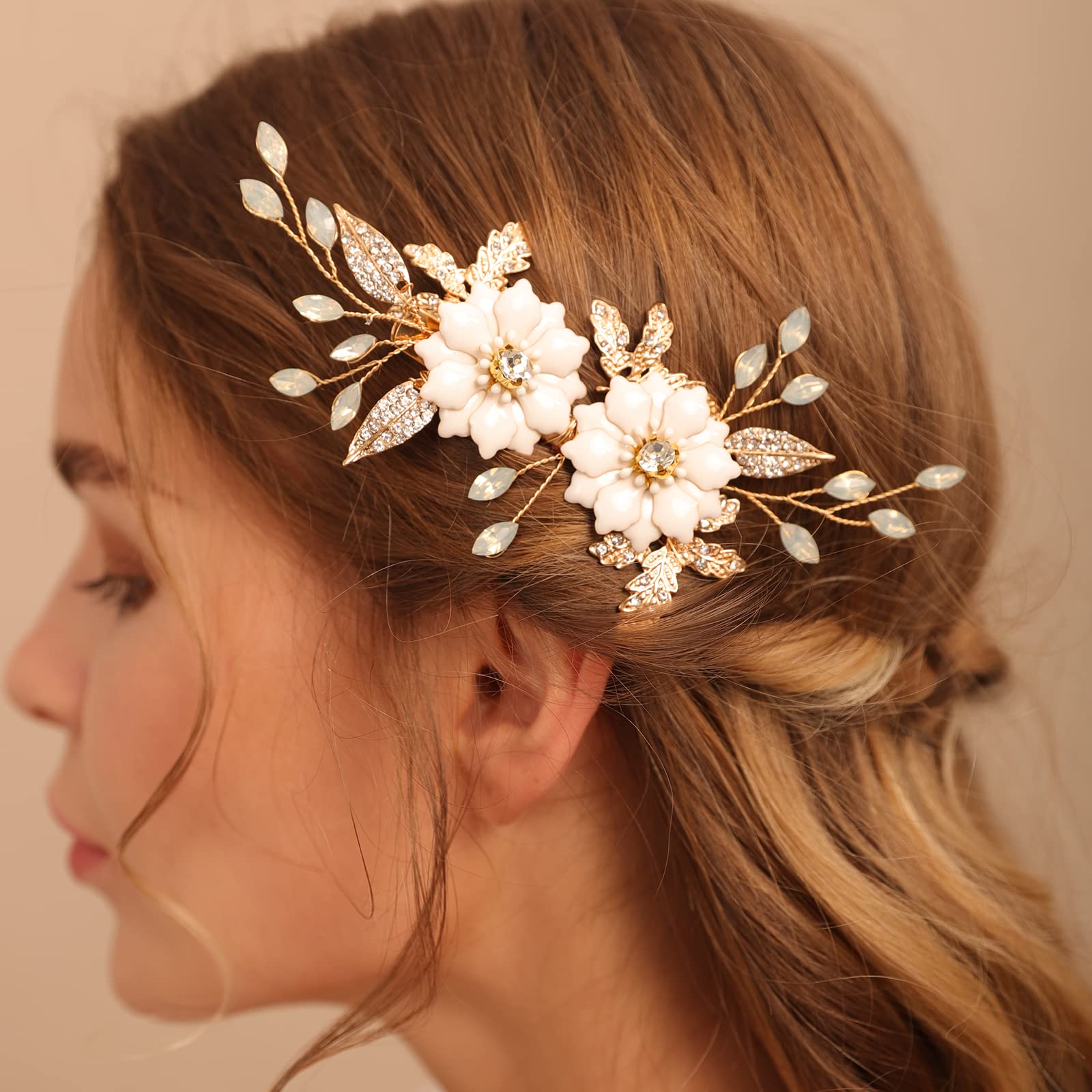 White Flower Gold Leaf Hair Clip Floral Ivory Rhinestone 