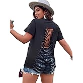 WDIRARA Women's Plus Size Fringe Tops Punk Criss Cross Ripped Open Back T Shirt Short Sleeve Backless Tee Top