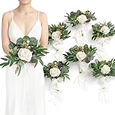 Ling's moment Artificial Bridesmaid Bouquets Set of 6 Eucalyptus Wedding Flower Bouquets White Floral Bouquet Bridal Bouquets with Ribbon Ceremony,Anniversary,7-inch Diameter