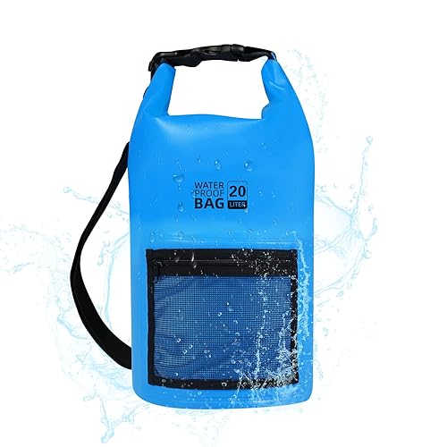 Bojury Waterproof Dry Bag Backpack 20L with Mesh Pocket Adjustable Strap - Roll Top Portable Dry Sack for Kayaking Boat Tour Canoe Swimming Snow Boarding-Blue Fishing Rafting
