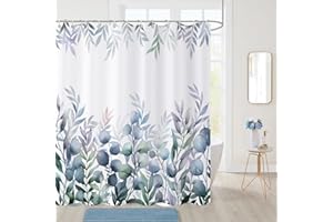 Caheansi Blue Leaf Shower Curtain, Blue Green Purple Colorful Watercolor Eucalyptus Leaves Botanical Plants Bathroom Curtain Waterproof Fabric Machine Washable with Hooks, 72" Wx72 L