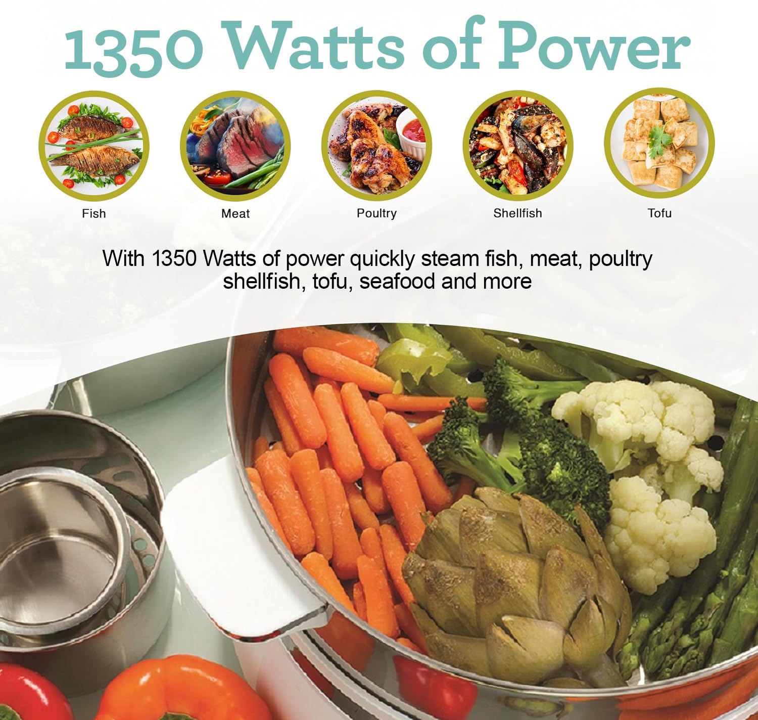 Euro Cuisine FS2500 Electric Food Steamer, Versatile Vegetable Steamer & Steam Cooker Ideal for Fish, Veggie, Meat, Stainless Steel 1200 Watts