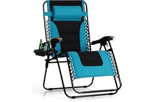 PHI VILLA XXL Oversized Padded Zero Gravity Chair, Foldable Patio Recliner, 30" Wide Seat Anti Gravity Lounger with Cup Holder, Support 400 LBS (Aqua)