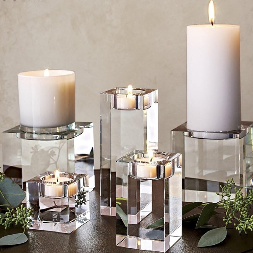 GFEU K9 Crystal Candle Holders For Table, Elegant Votive Glass Cuboid Tealight Holder Decoration for Centerpieces for Wedding, Home Decor, Ceremony and Anniversary, 5 * 10cm (Not include Candle)
