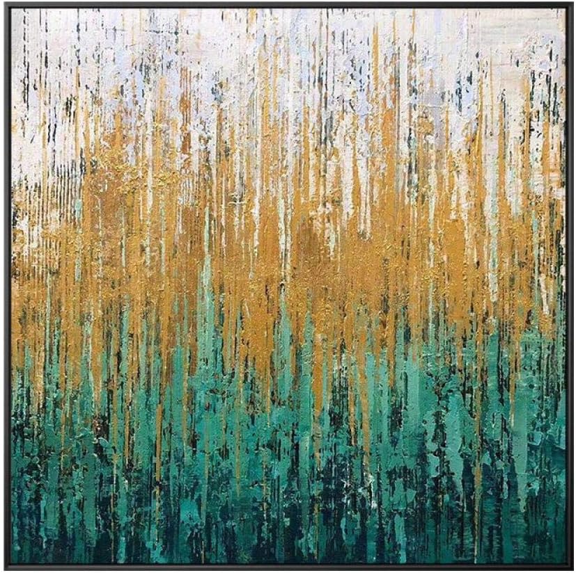 WunM Studio Oil Paintings On Canvas Hand Painted, 3D Landscape Painting For Living Room Bedroom, Modern Large Abstract Home Wall Art Decor, Gold And Teal Green Stripes