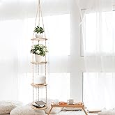 Hemp Rope Hanging Plant Shelf from Ceiling for Narrow Space or window Boho Hanging plant Shelves, Natural Pine Wooden Plant S