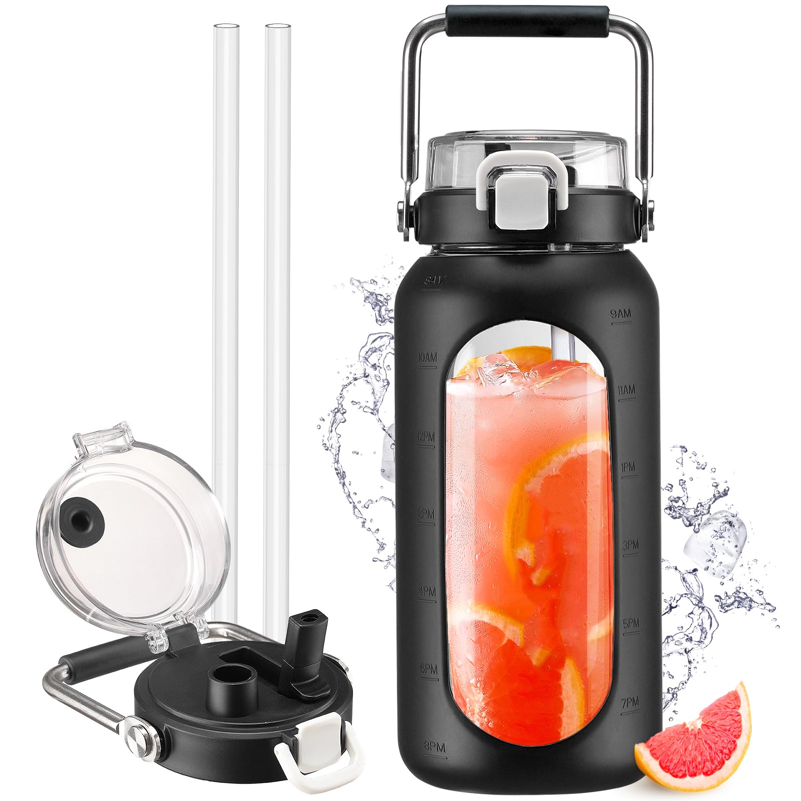 HYDRAGLAZIC 2 Liter Glass Water Bottle with Straw and Time Marker 2L Motivational Water Tumbler with Silicone Sleeve and Spout Lid Wide Mouth Borosilicate Water Jug BPA Free Leak-Proof, Black