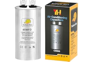 HVAC YELLOW HAT Capacitor for Air Conditioner 45 uf MFD 370 or 440 Volt VAC, Multi-Purpose Round Capacitor for AC Motor Run or Fan Motor Start or Condenser Straight