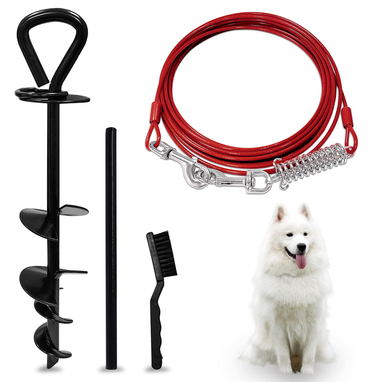 SHUNAI Dog Stake Tie Out Cable - 30 Ft Heavy Duty Yard Leash - Spiral Stake for Small to Large Dogs Up to 100 lbs - Black, Red