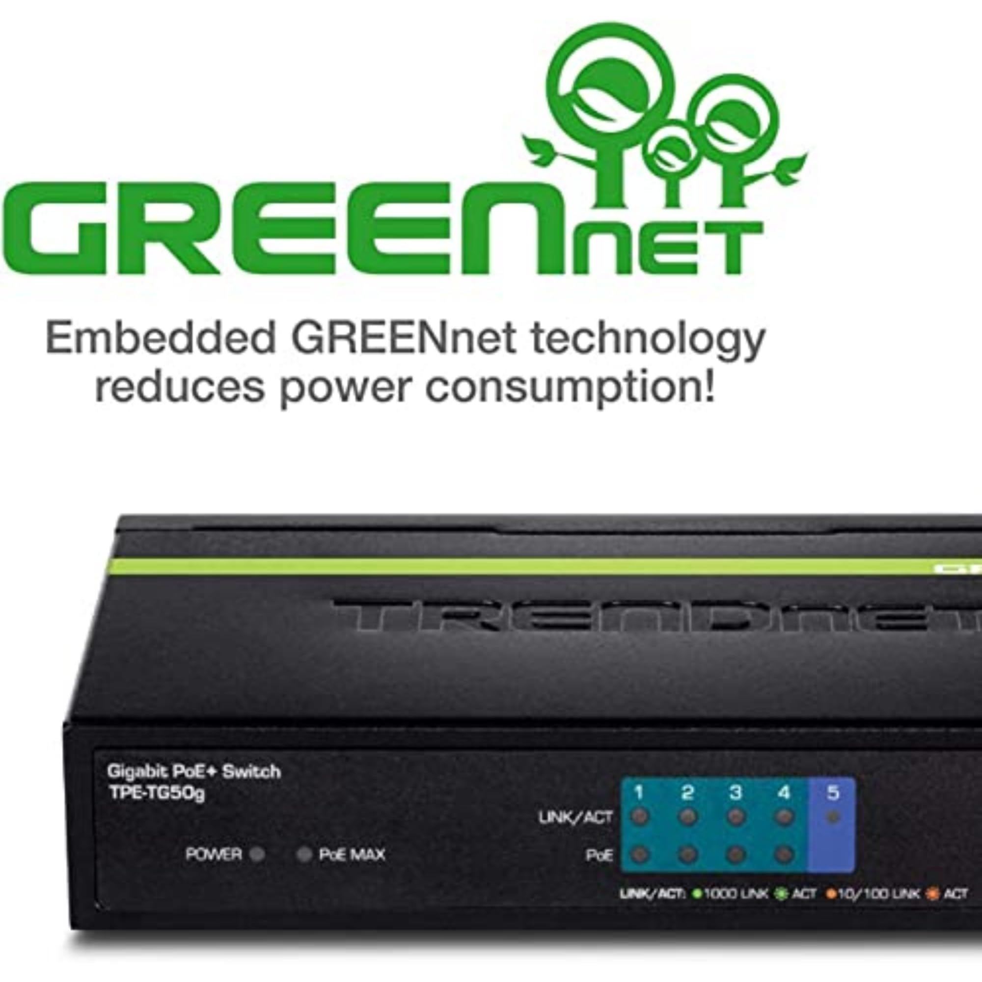 TRENDnet 5-Port Gigabit PoE+ Switch, 31 W PoE Budget, 10 Gbps Switching Capacity, Plug & Play, Ethernet Network Switch, Data & Power through Ethernet to PoE Access Points and IP Cameras, Full & Half Duplex, TPE-TG50g