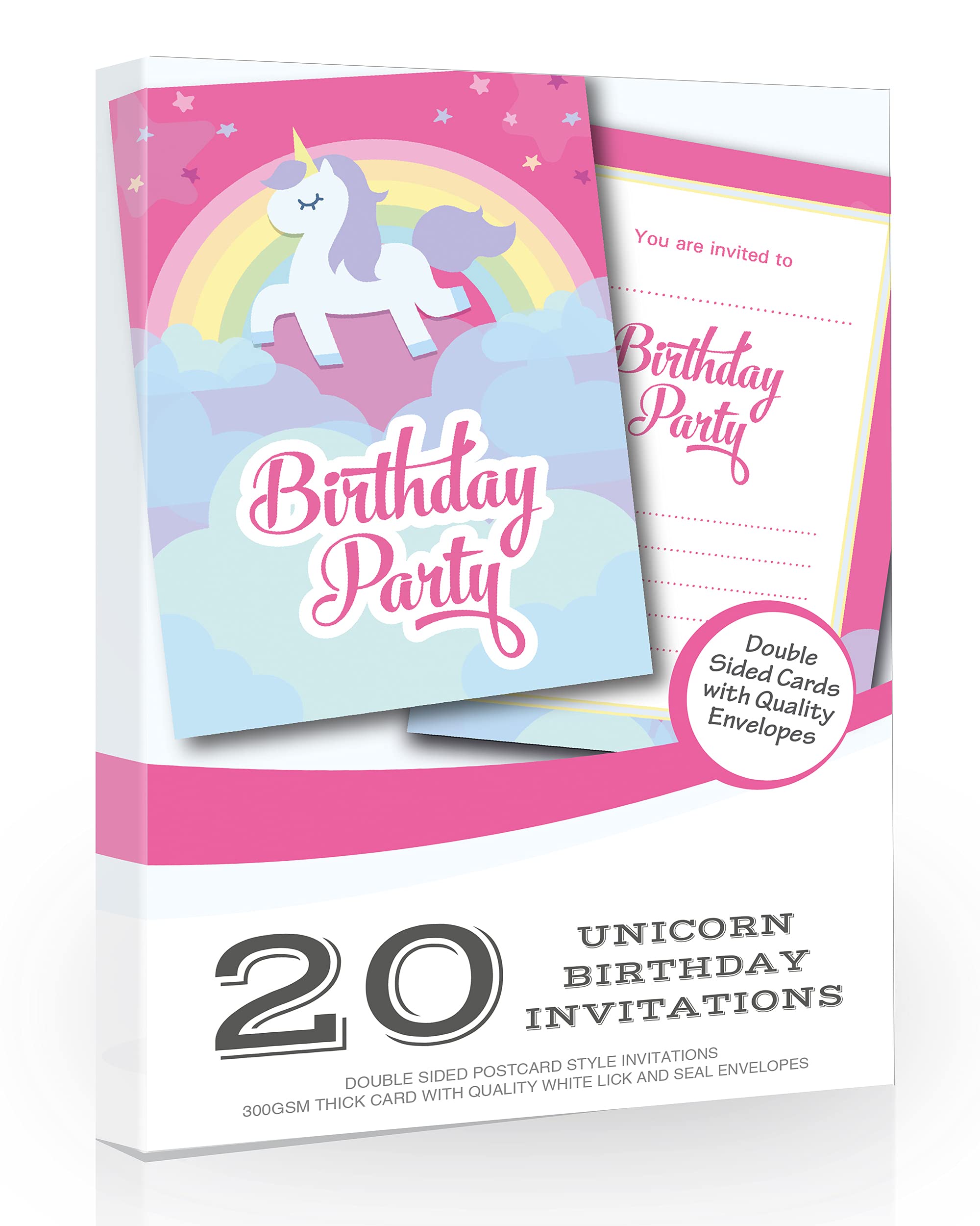 Olivia Samuel 20 x Birthday Party Invitations from Unicorn & Rainbow Pink Invites - Ready to Write with Envelopes