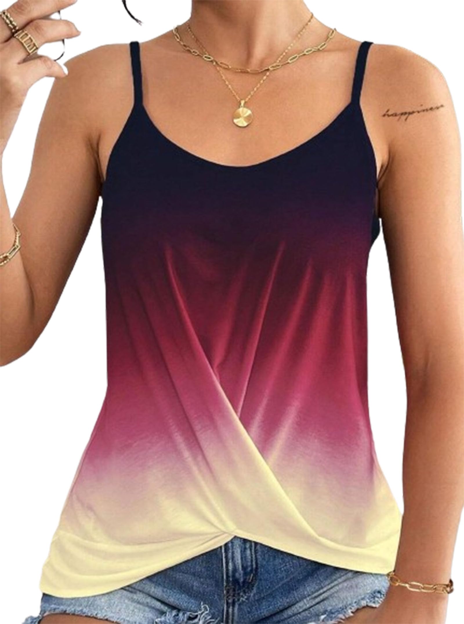 Photo 1 of Hilinker Women's Ombre Twist Knot Camisole Top Spaghetti Straps Sleeveless Tops Summer Ruched Shirts Multicolor Small