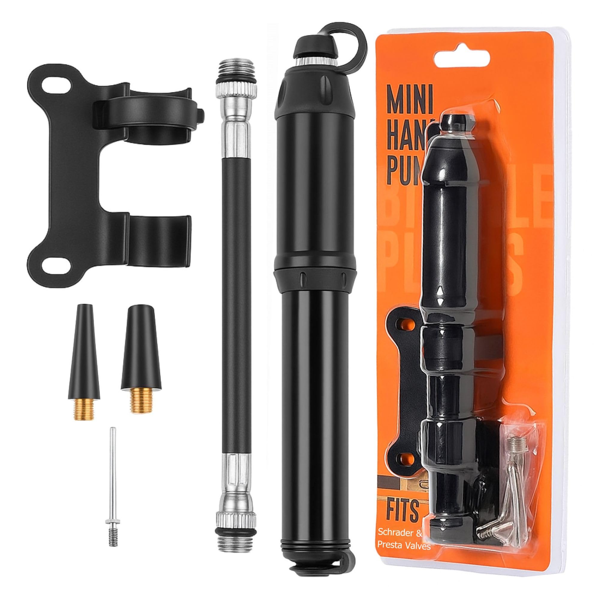 BSWL – Mini Bike Pump for All Bikes – Portable Bicycle Pump – Football Pump with Needle – Super Fast Inflation with Valves & Needle – Lightweight Air Pump for Inflatables – With Frame Mount