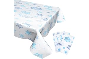 Labeol 3 Pack Christmas Tablecloth, 54 x 108 inch Blue and White Snowflake Tablecloth, Disposable Plastic Waterproof Rectangle Table Cover for Christmas Decorations Party Supplies