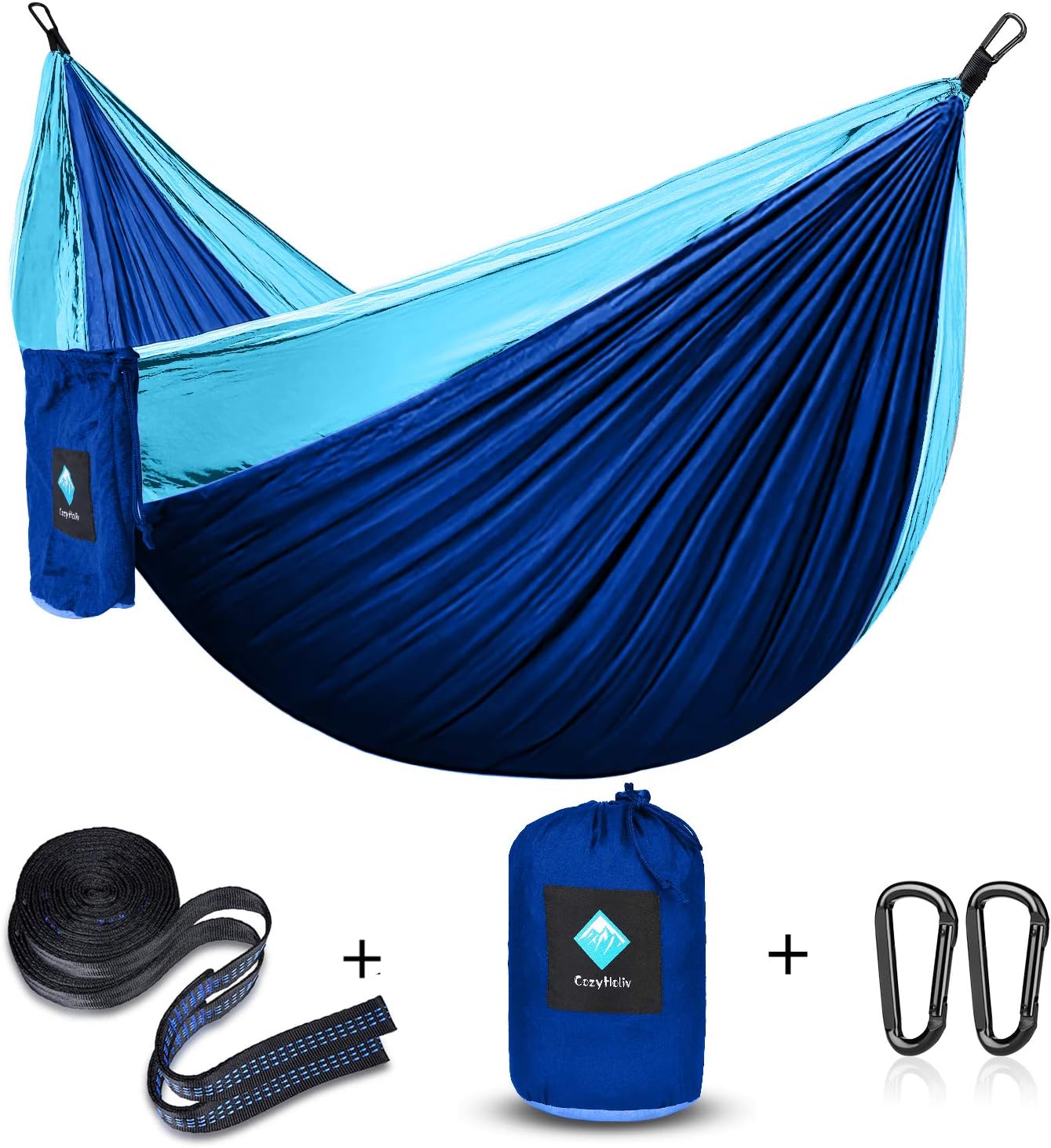 Double Hammocks, Camping Portable Parachute Hammocks for Outdoor Hiking Travel Backpacking - 210D Nylon Hammock Swing for Backyard & Garden 78''W118''L (Blue/Sky Blue - Double)